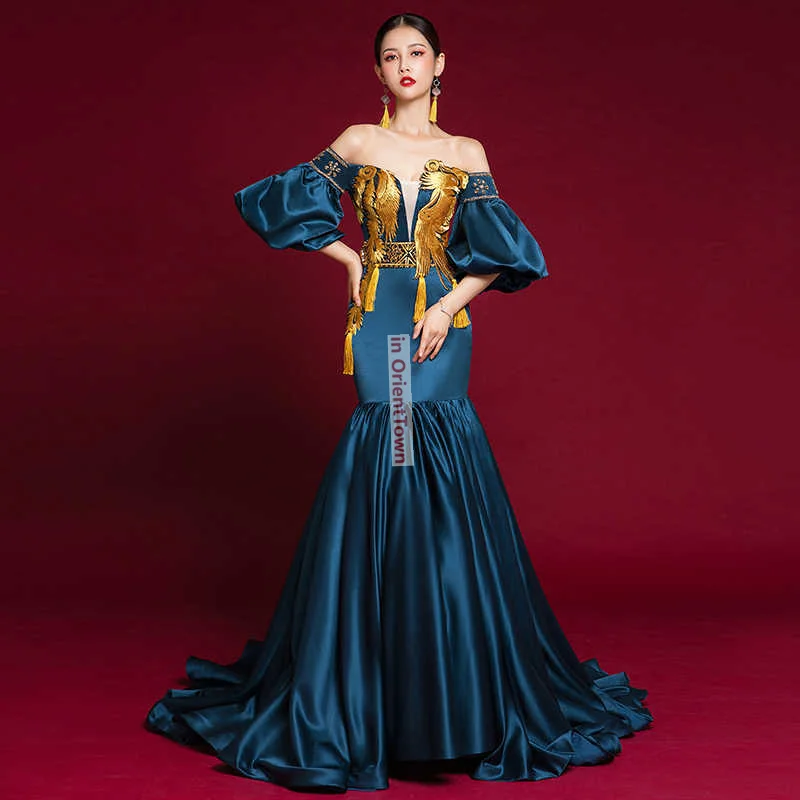 Lady Gorgeous Long Style T-stage Show Costume Oriental Trend One Shoulder Evening Dress Asian Model Adult Fashion Mullet Dresses