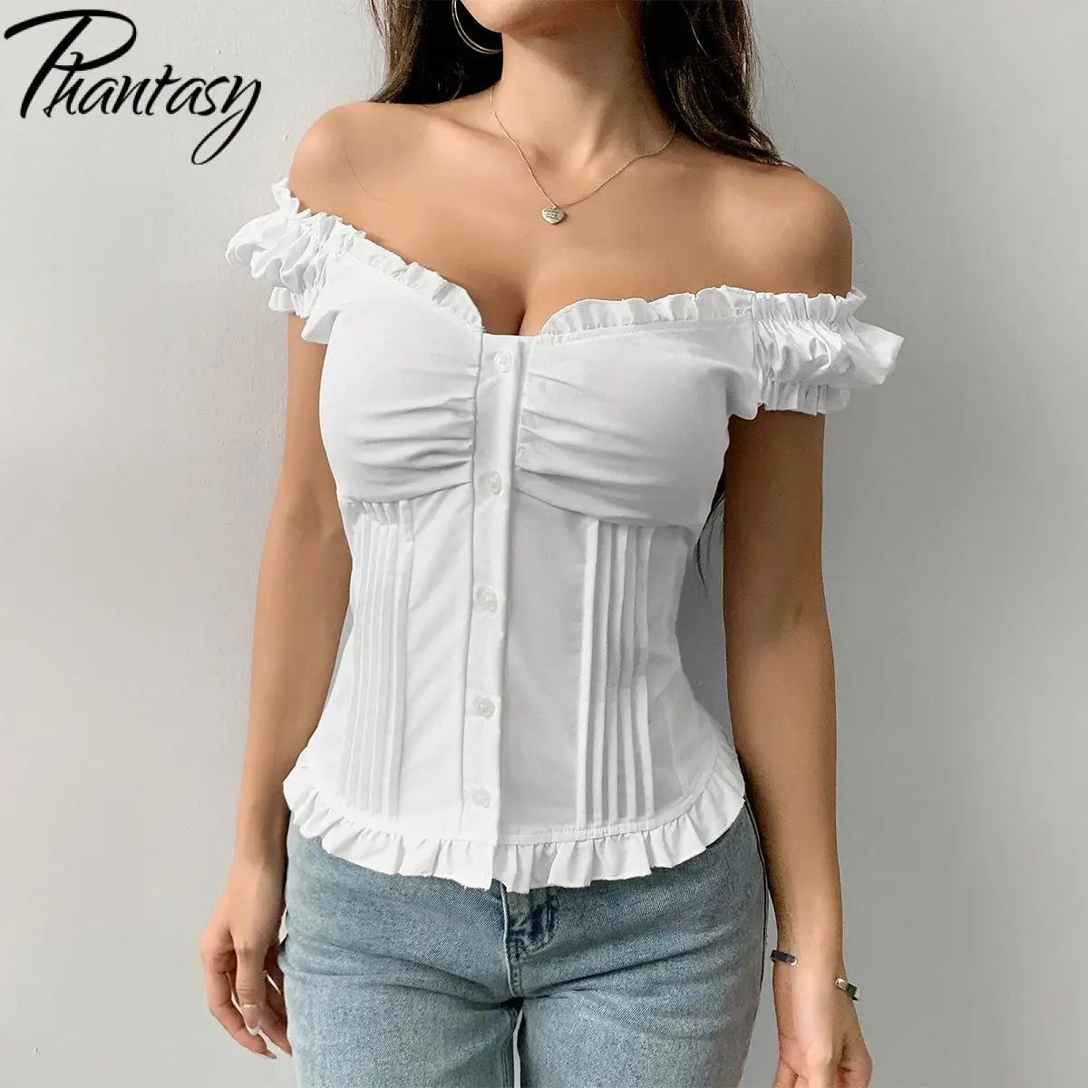 

Футболка-топ Phantasy Y2K с пуговицами, однотонная, приталенная, с оборками, летние блузки в корейском повседневном стиле, винтажная одежда, лето 2025