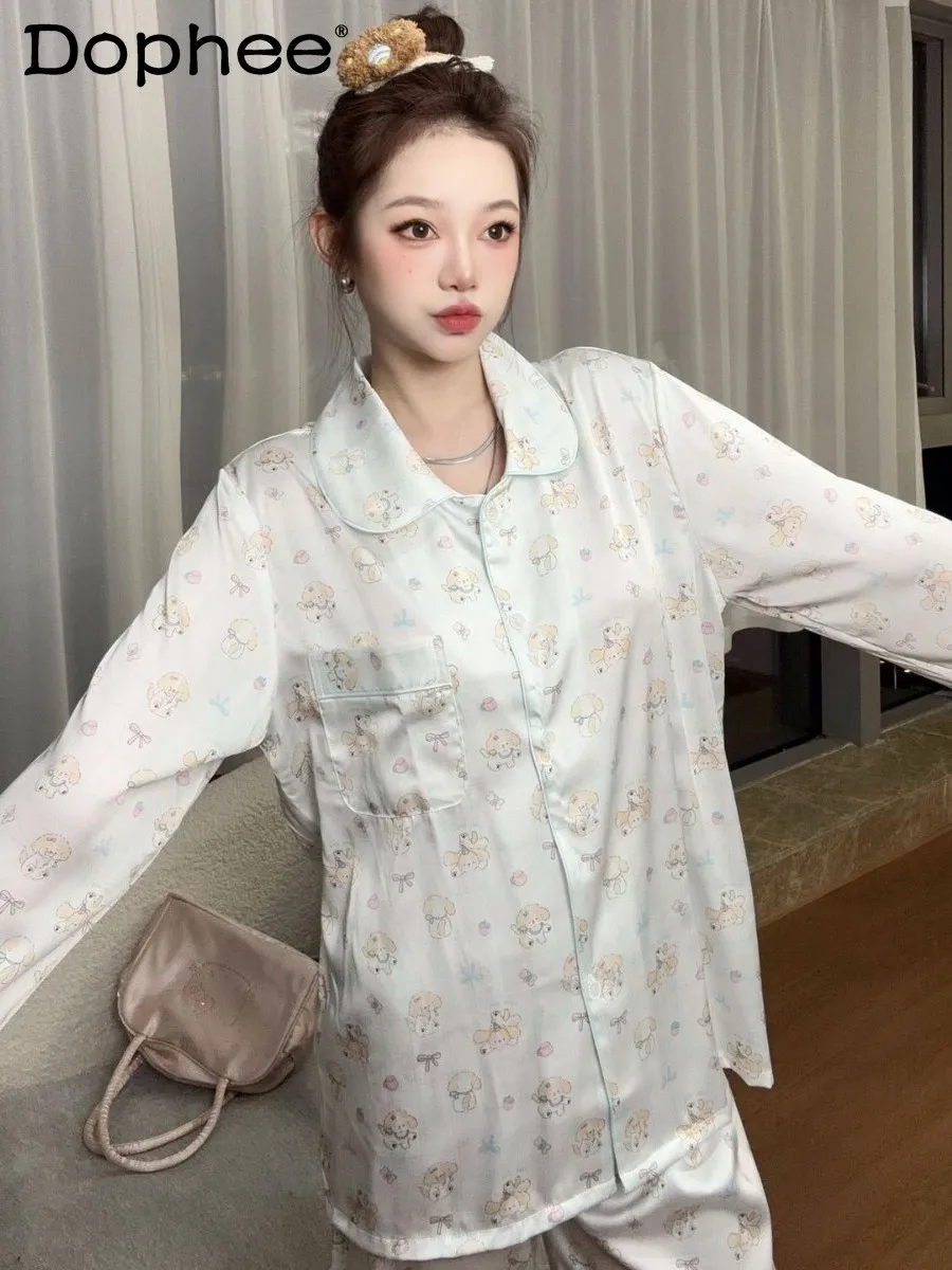 

Sweet Princess Wind Ice Silk Long-sleeved Pajamas Cute Cartoon Puppy Spring and Summer New Outer Loungewear Suit