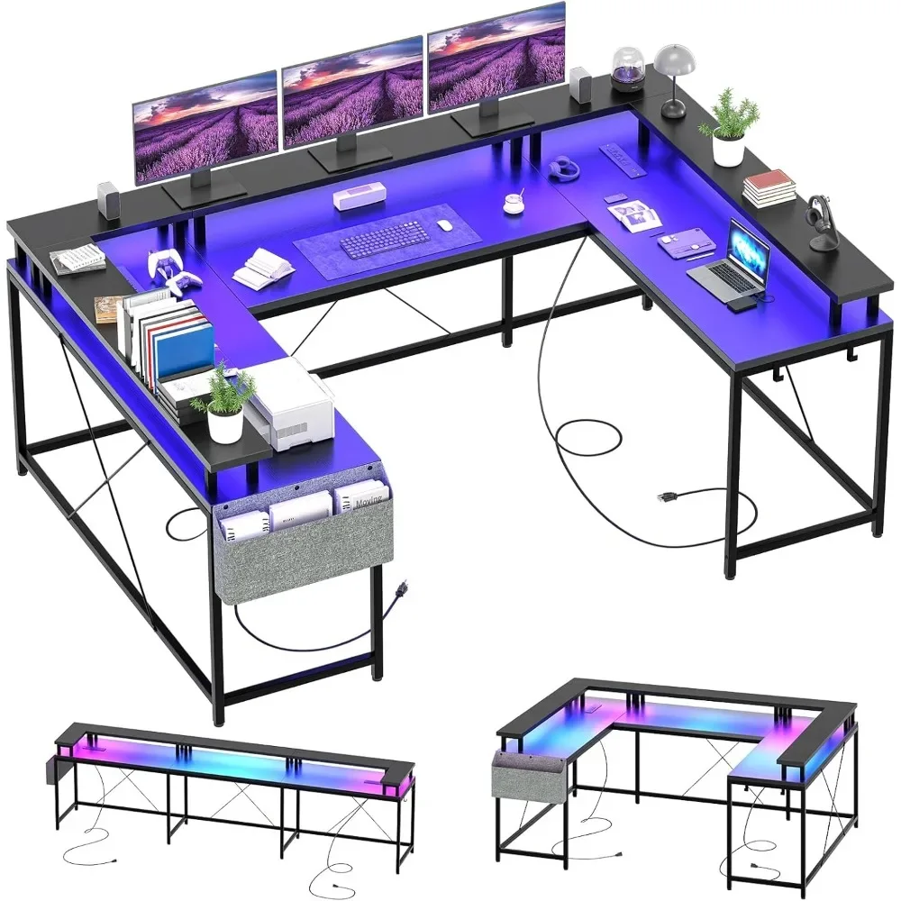 

U Shaped Computer Gaming Desk, Reversible L Shaped Desk with Power Outlets, LED Strip & Monitor Stand, Large Corner Desk