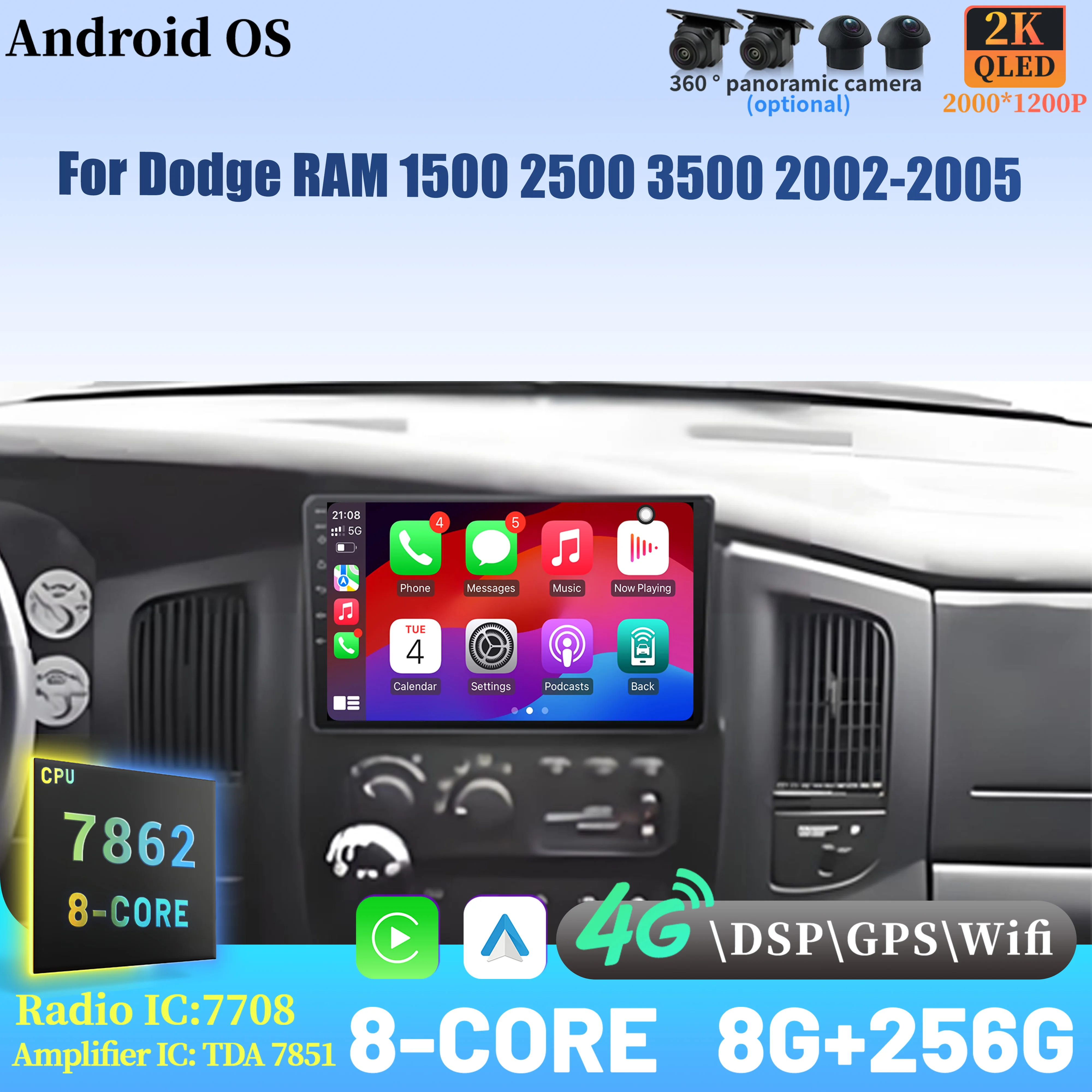 

For Dodge RAM 1500 2500 3500 2002-2005 Wireless BT CarPlay Android 14 Radio Car Multimedia Player Touch 2K QLED Screen