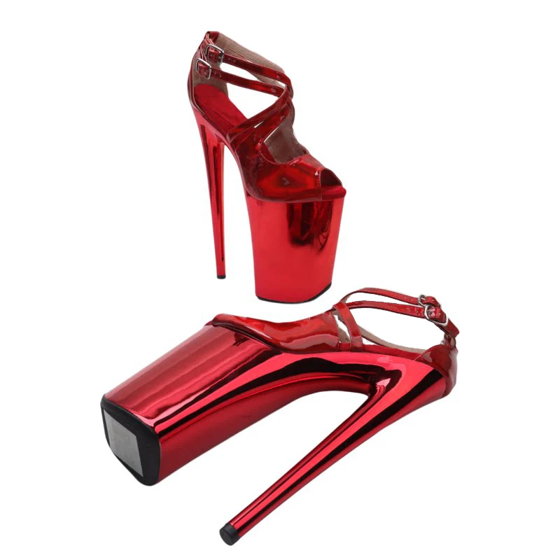 Leecabe 23cm/9inches Holography Shiny PU Upper Small Open Toe Platform High Heel Sandals Sexy Model Shoes Pole Dance Shoes