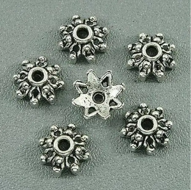 50 buah topi Bead bunga perak Tibet 1,7mm lubang 8.6mm HWH3000