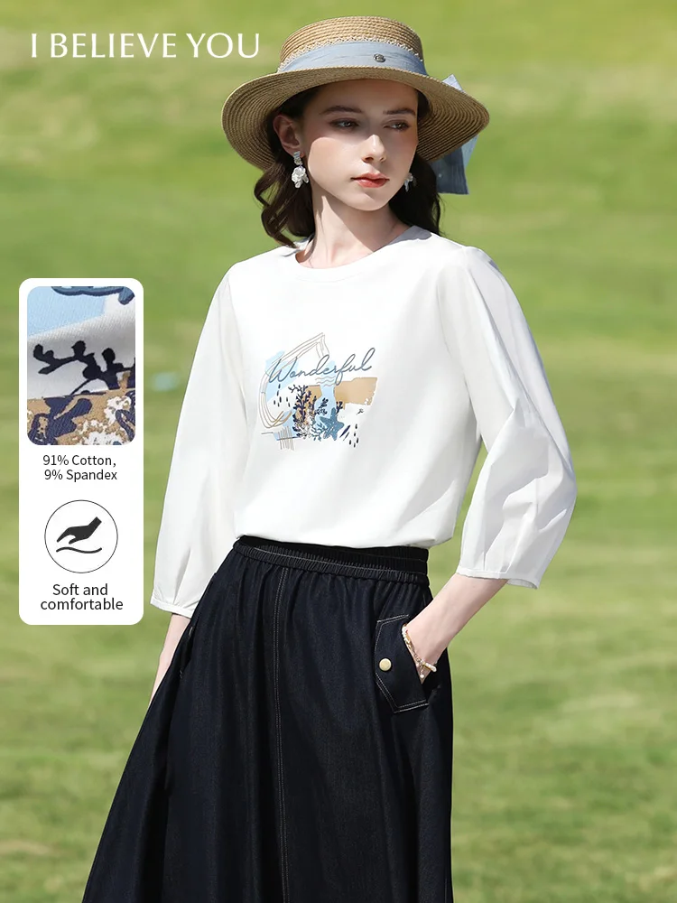 I BELIEVE YOU White Graphic Print T-Shirts for Women Spring Round Neck Loose Top Three-quarter Sleeve Casual Tees 2261016216