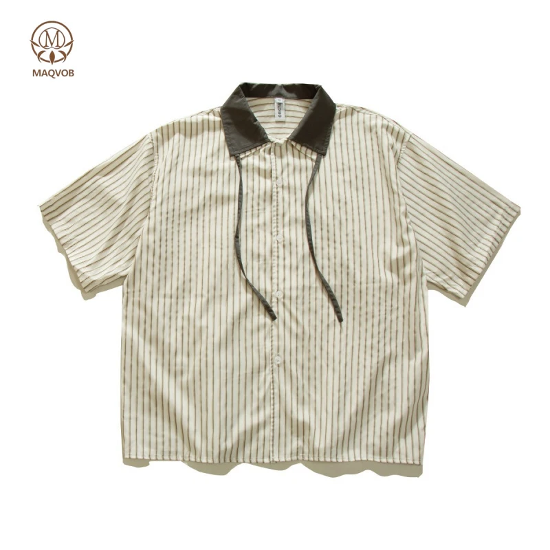MAQVOB EU US Size Luxury Quality Street Casual Shirt Summer Oversize Fake Two-Piece Turn-Down Collar Striped Shirt