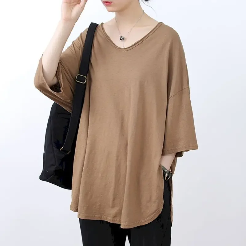 

98% Cotton T Shirt Women Korean Loose V-neck Solid Color T-shirt Casual Half Sleeve Mid Length Top 2025 Summer Trend Thin Tshirt