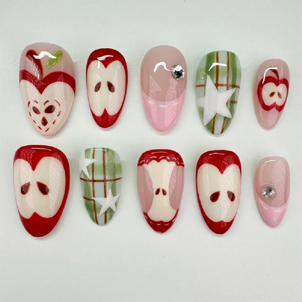 

INS Almond Fake Nail Tips Summer 2D Lotus Leaf Fish Printed False Nails Full Finished Reusable Fashion Press on Nails