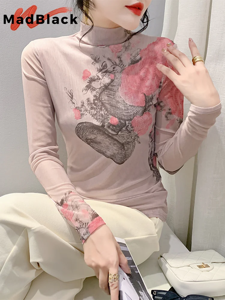 

MadBlack European Clothes Tshirt Women Mock Neck Position Print Slim Mesh Tops Long Sleeve Elastic Tees Autumn Winter T30347JM