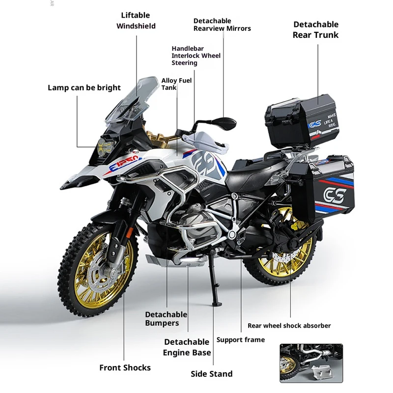 Simulation 1/10 R 1250 GS Adventure Alloy Traval Motorbike Model with tool box collection miniature voiture boy toy vehicle
