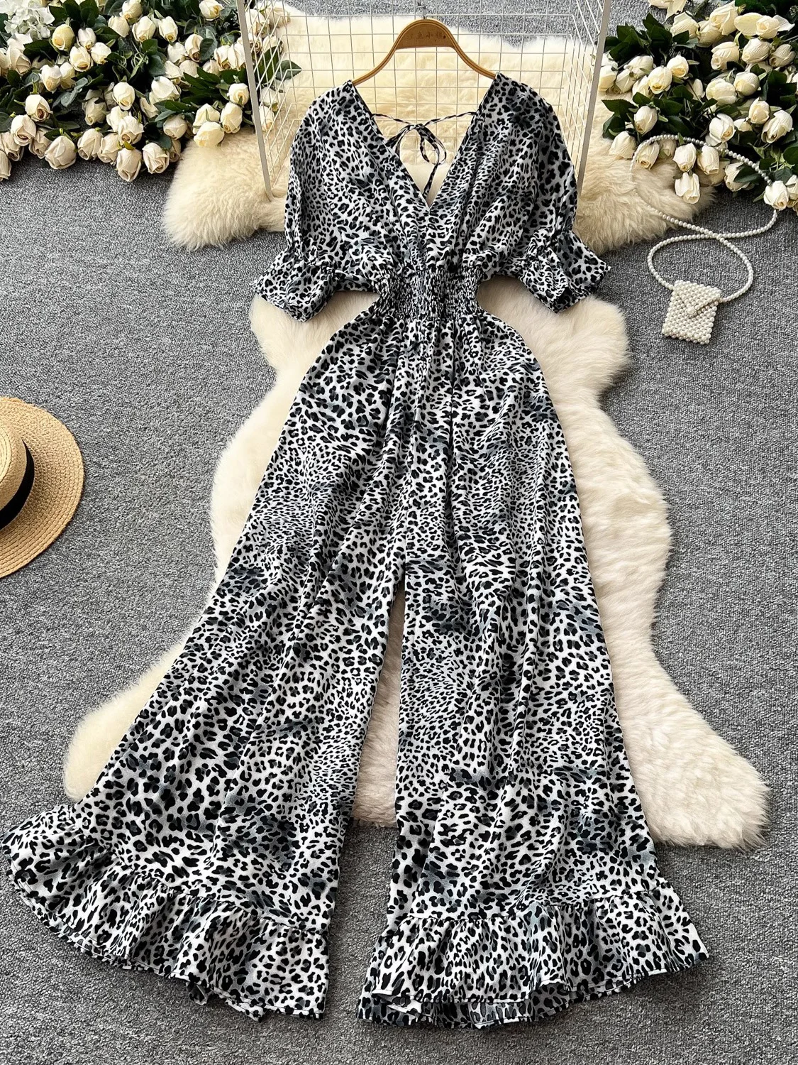 Women's Summer Leopard Print Jumpsuit Lace-Up V-Neck Bell Sleeve Wide Leg Romper Tied Waist Pants Casual Resort Outfit New