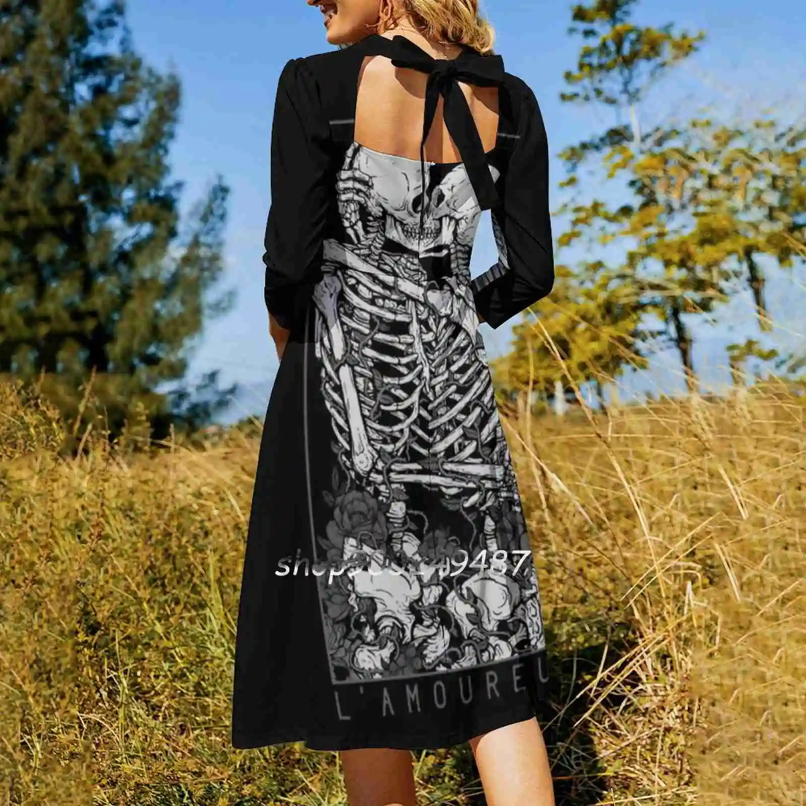 The Lovers Sweetheart Knot Flared Dress Fashion Design Large Size Loose Dress Love Tarot Skull Flower Skeleton Couple Death