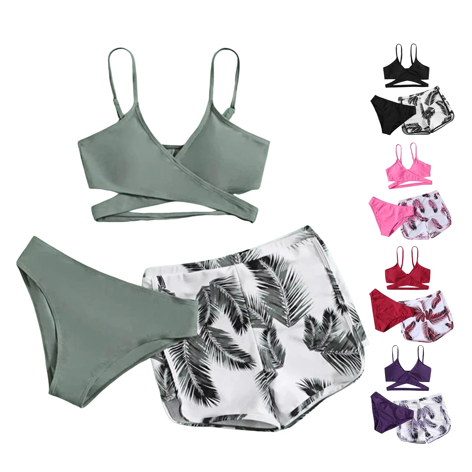 Women 2025 New Bikinis Sexy Halter Bikini 3 Piece Set Leafs Print High Waisted Swimsuit Beach Bathing Suit Size S-XXL