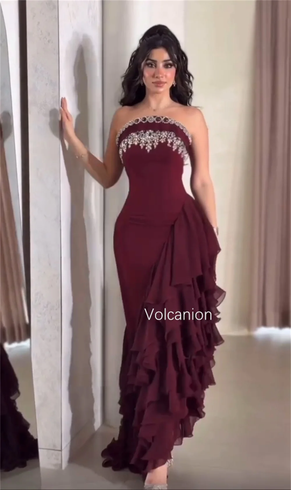Customized Jersey Ruffle Rhinestone Strapless A-line Hi-Lo Dresses Bespoke Occasion Prom Classic Exquisite Matching