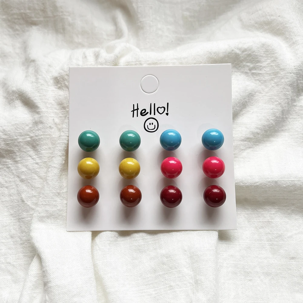 New Fashion Cute 6Pair/set Colorful Candy Color Bead Stud Earring Set For Women Girls Jewelry Classic Stainless Steel Earrings