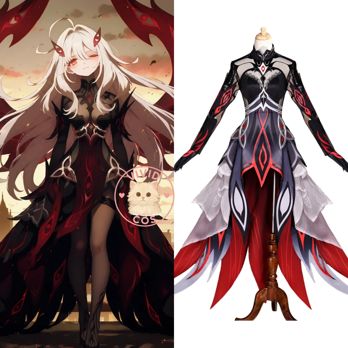 

Fashion Game Genshin Impact Cosplay Costume Anime Ronova Role Playing Outfit Full Set Black Red Dress for Women Comic Con Party