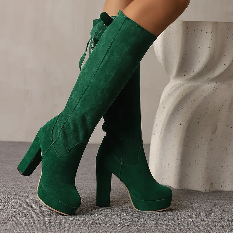

2026 Chunky High-heeled Platform Knee High Boots Women Suede Shoes