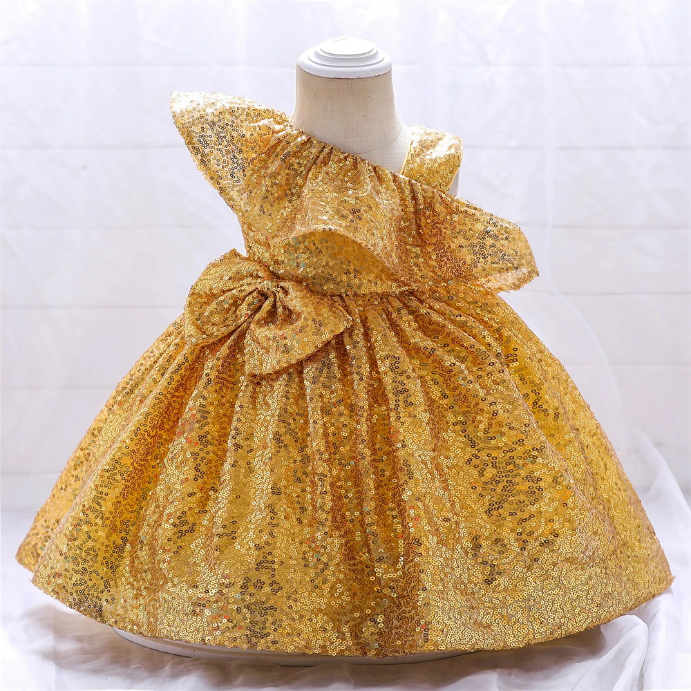 

Pageant Gold First 1st Birthday Dress For Baby Girl Clothes Sequin Baptism Princess Dress Elegant Girls Party Gown Vestidos 0-5Y