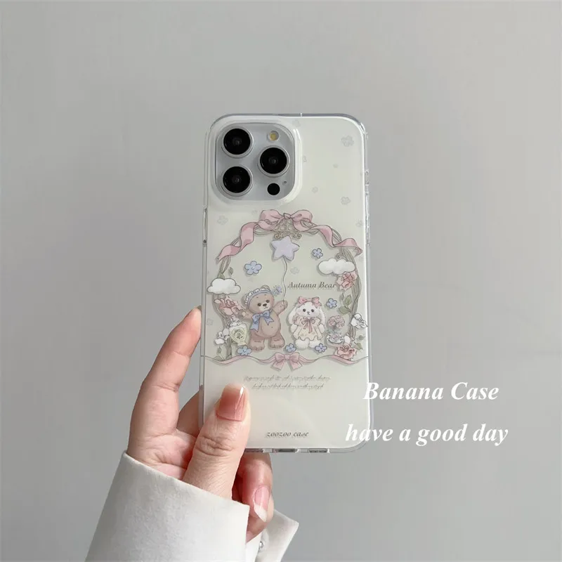 

Niche Bow Bear Rabbit Phone Case For iPhone 17 AIR 16 15 14 13 12 11ProMax Transparent Framed Macropore Cover