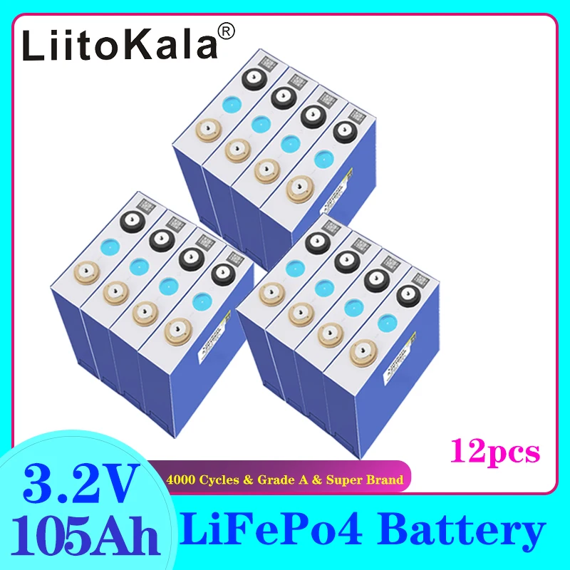 

12pcs LiitoKala 3.2v 105Ah LifePo4 Battery Iithium 300A 3C High Drain for Diy 12V 24V Solar Inverter Electric Vehicle Golf Car