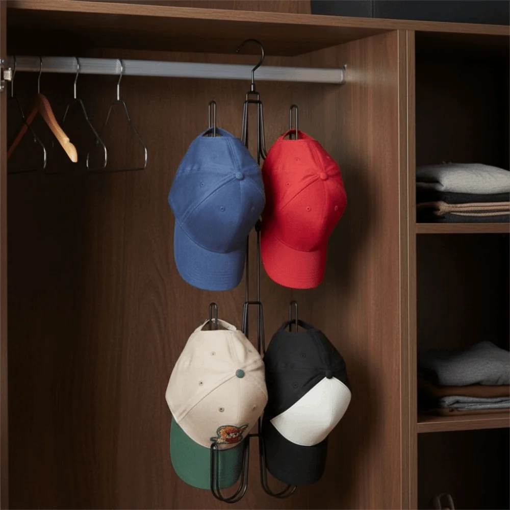 Foldable Metal Hat Hanger Rotating Top Hook 4 Hooks Baseball Cap Organizer Multipurpose Large Capacity Hanging Hat Rack Home