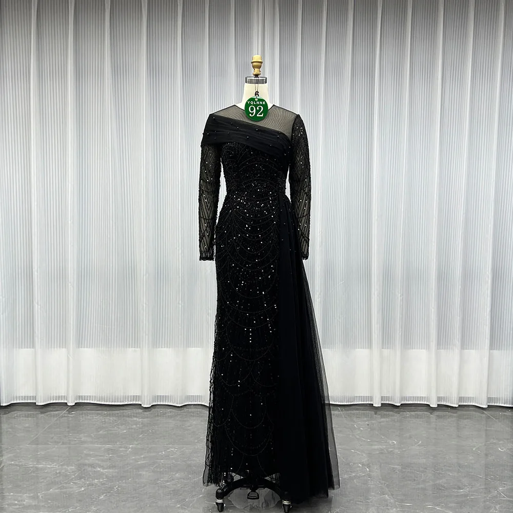 

YQLNNE 092 Черное вечернее платье с длинными рукавами и бисером