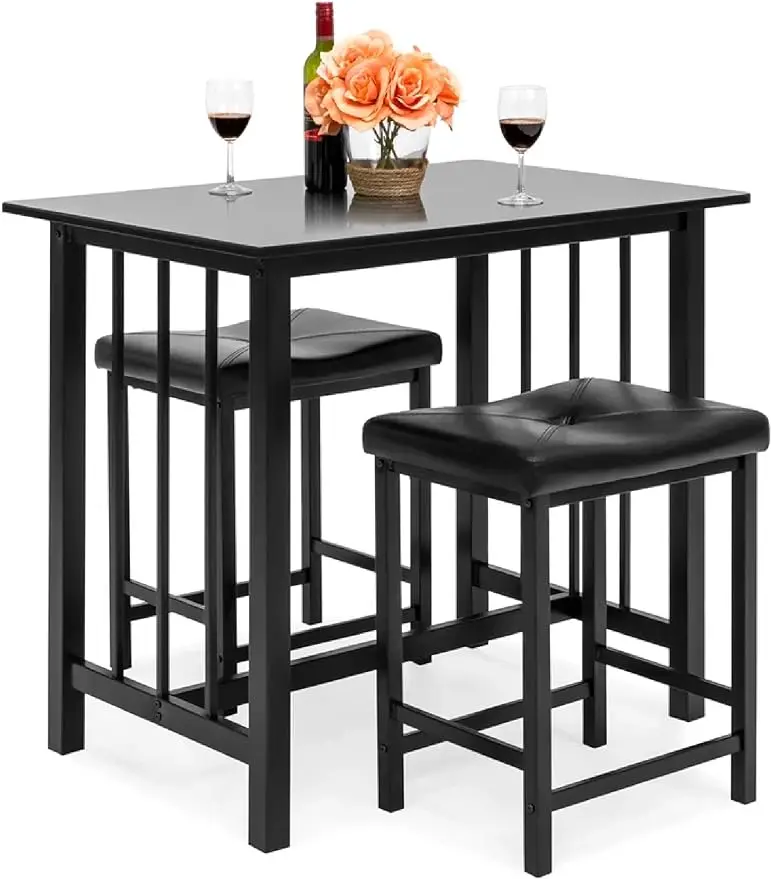 

3-Piece Counter Height Dining Table Furniture Set w/ 2 Faux Leather Backless Stools, Compact, Space-Saving Design - Black