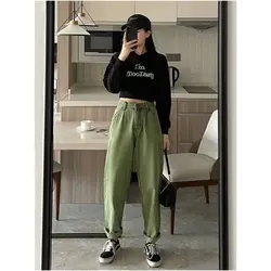 Pantalones vaqueros verdes para mujer, pantalón holgado de cintura alta, pierna ancha recta, ropa de calle informal Y2k, Vintage coreano, Otoño, 2023