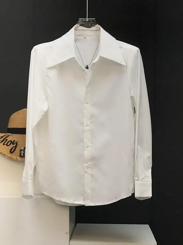 

Мужская приталенная рубашка Ele с подплечниками, длинным рукавом, большим воротником-стойкой, свободного кроя, универсальная, повседневная, однотонная