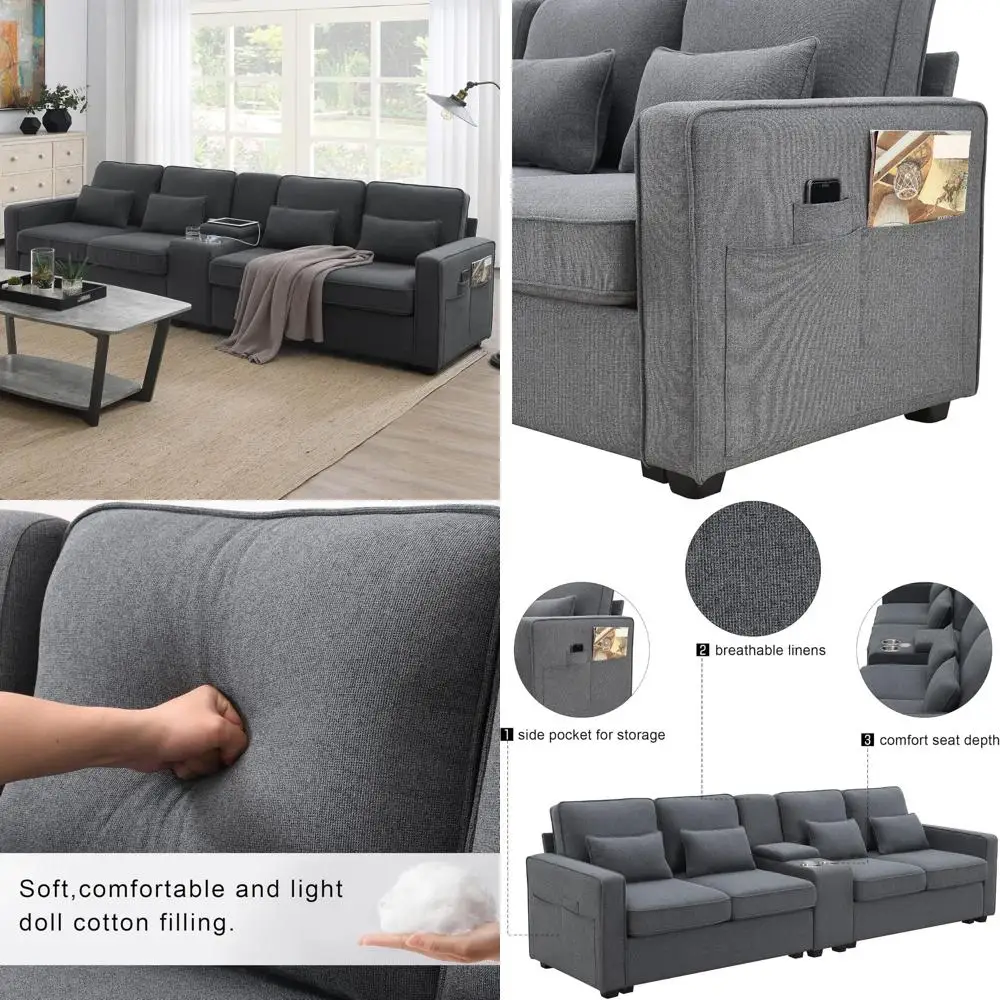 Modern Linen Fabric Sofa with Storage, Coffee Table, 2 Cupholders, USB Charging Ports