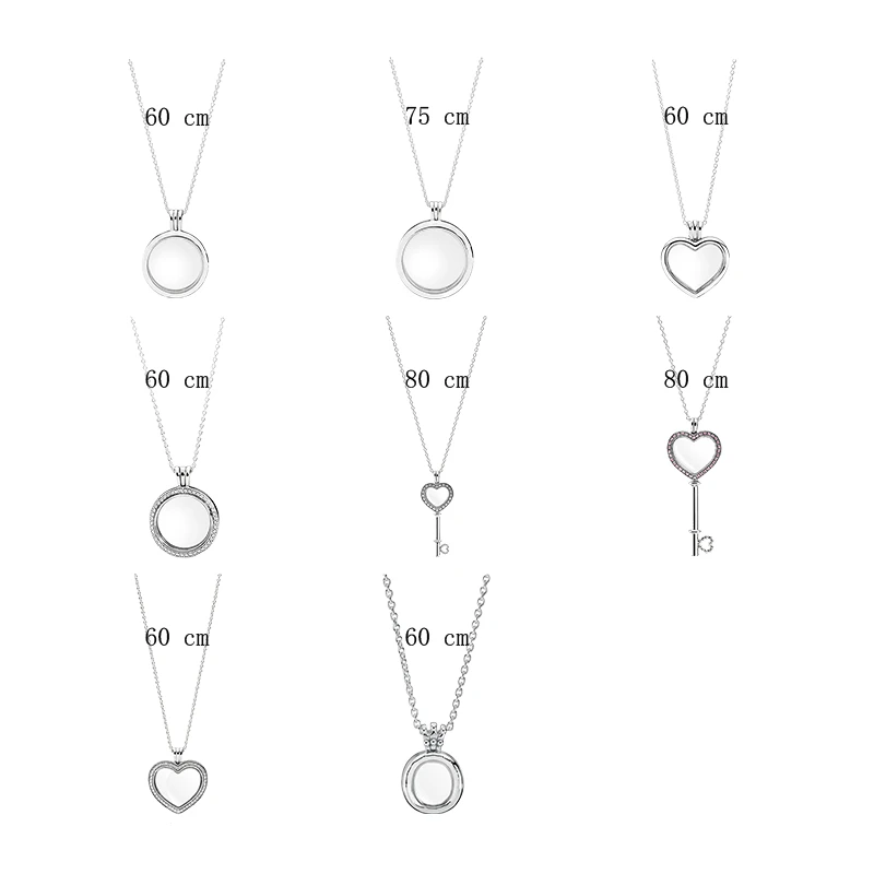 Floating Locket Pendants Necklaces For Women Jewelry 925 Sterling Silver Round Heart Key Crown Link Chain Sapphire Crystal Glass