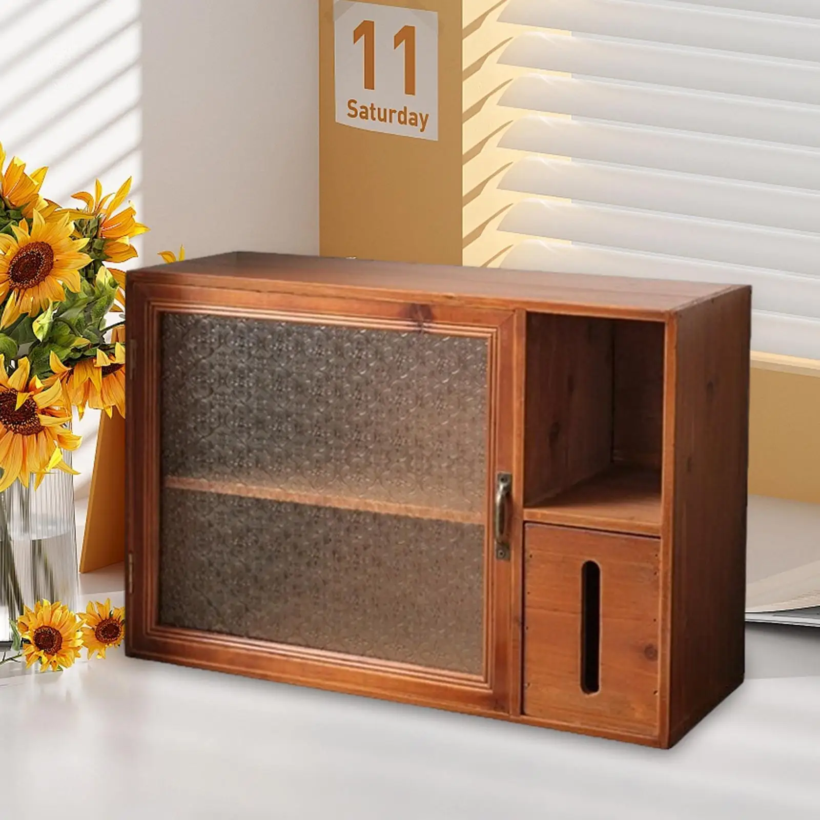 Wooden Desk Storage Cabinet with Tissue Holder Cosmetics Holder Showcase Counter