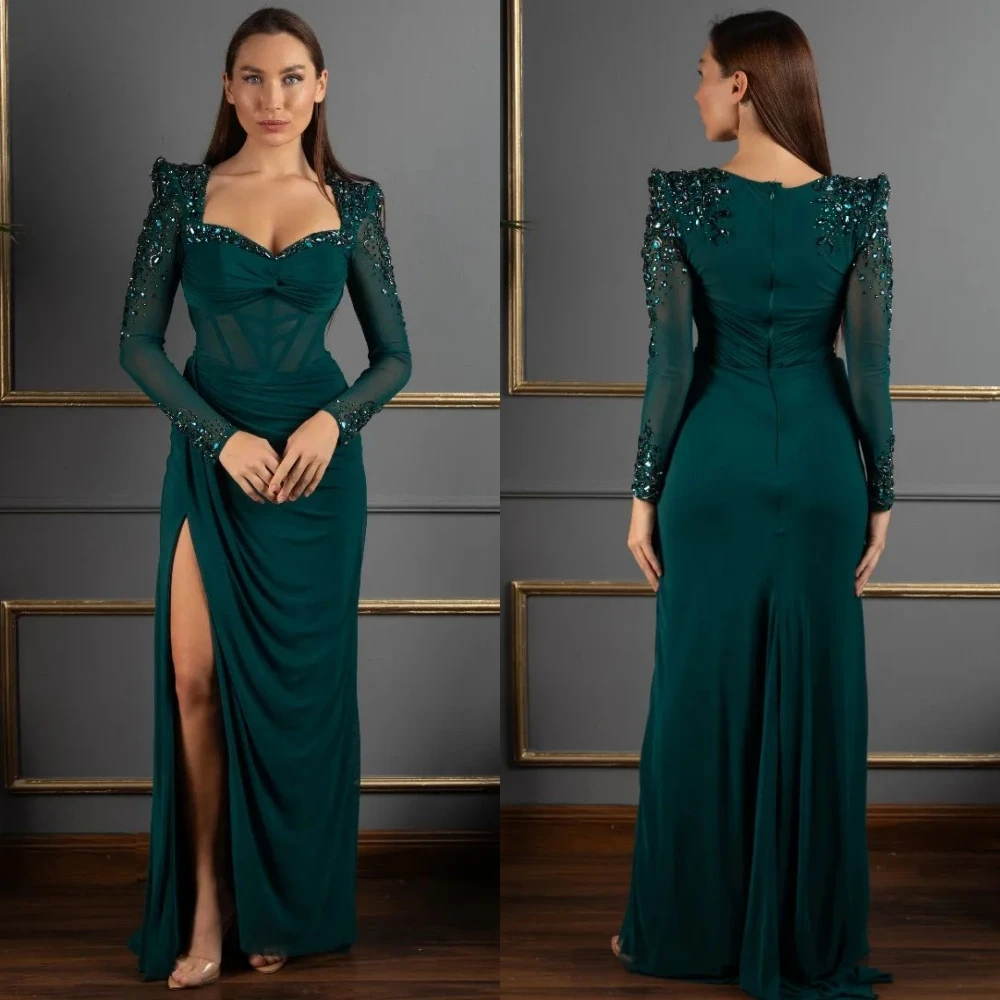 

Customized Jersey Beading Pleat Celebrity A-line Square Neck Bespoke Occasion Gown Long Dresses