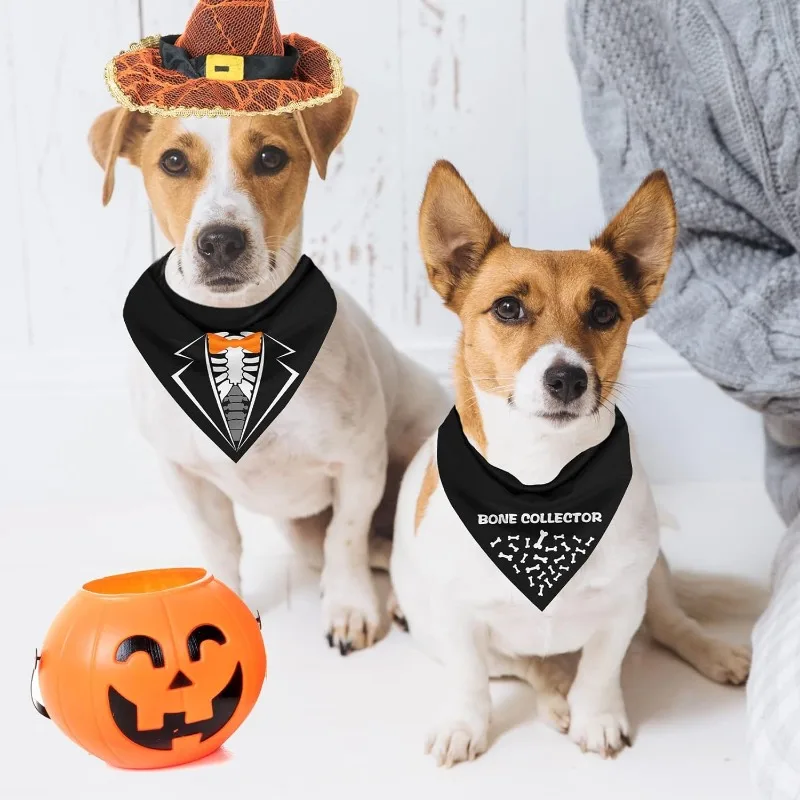 Halloween Bandanas for Dogs Doggie Puppy Bibs Handkerchief  Candy and Black Bone Inspector Triangle Pet Scarf Party Supplies