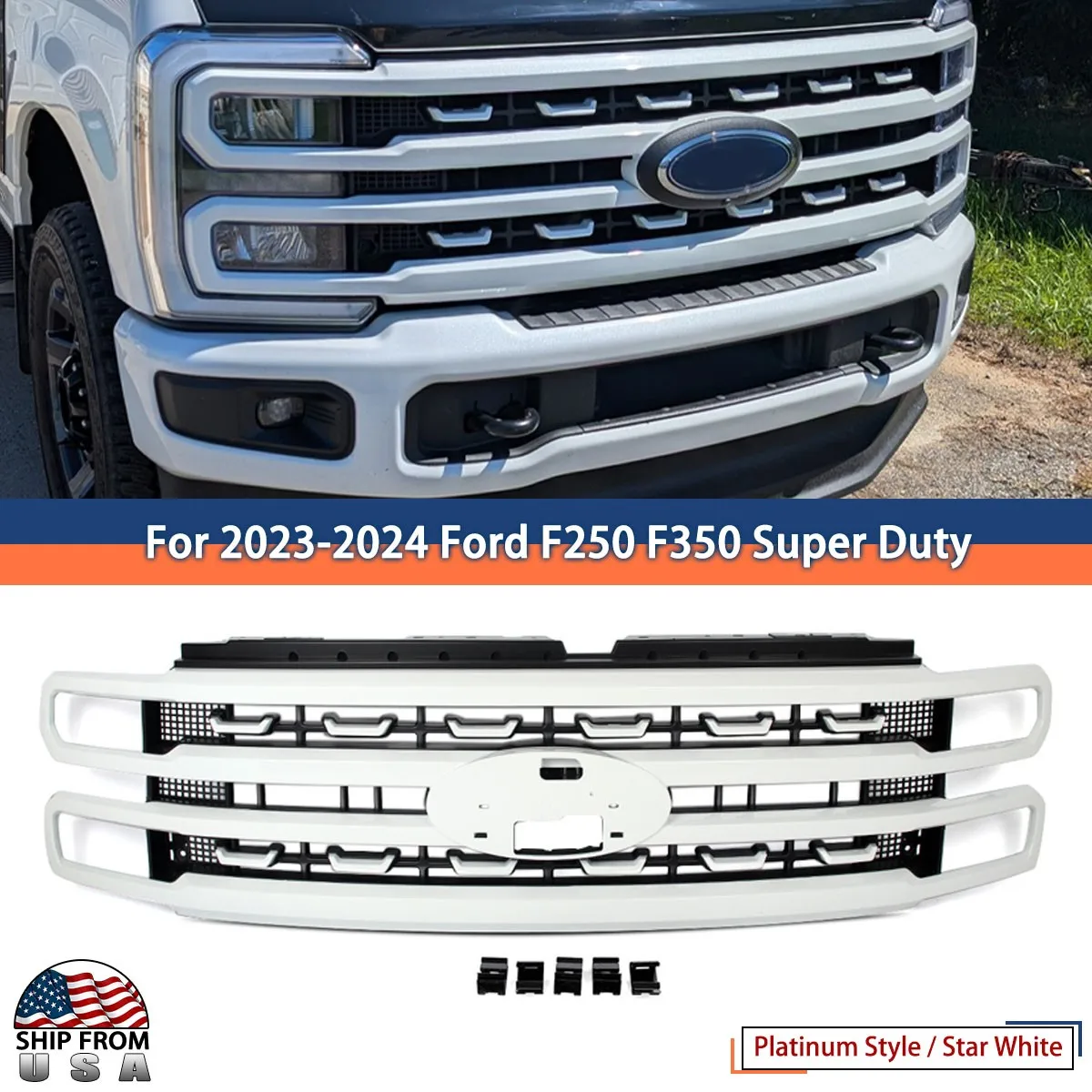 

Front Grille Assembly Star White Metallic For 2023-2024 Ford F250 F350 Super Duty XL XLT Extended Cab Pickup 4-Door bumper grill