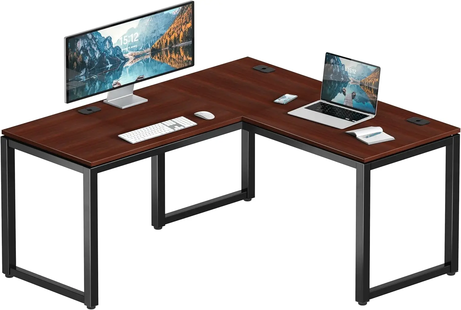 

Commercial-Grade L-Shape Corner Office Computer Desk, Cherry Finish, 55-60 Inches Wide, Durable Steel Frame