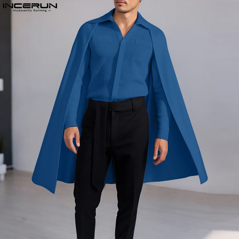 

INCERUN Men Irregular Shirt Solid Color Lapel Long Sleeve Corduroy Male Long Style Shirts Streetwear 2025 Loose Ponchos Tops Men
