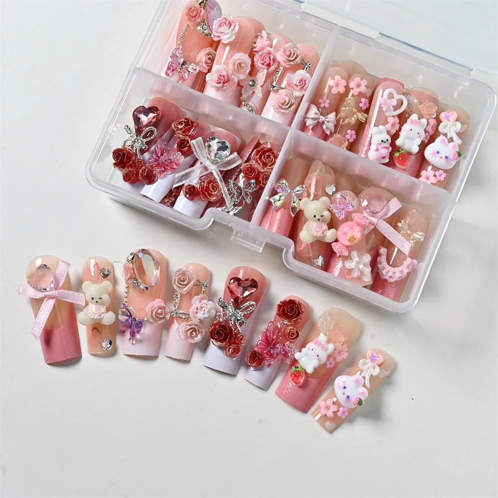 96Pcs Long Ballet Fake Nails Cartoon Bear Rabbit Charms Pink Rose Bow Press On Nails Women Girls Daily Wear Date Party Manicure*
