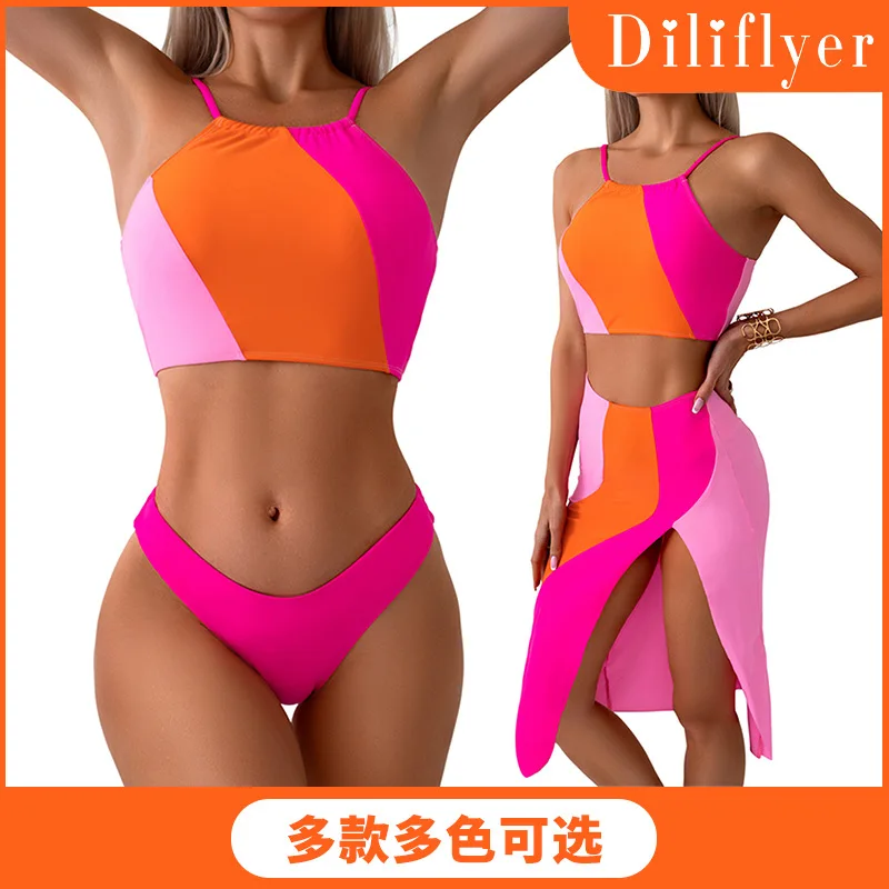 

Bathing Suit Women European And American Swimsuit Women's Three-piece Skirt Nylon Contrasting Swimsuit Independent Station