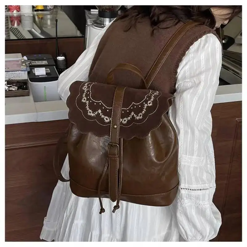 

Bloom Retro Brown Y2k Mochila Women College Style Leather Chic Embroidery Mini Backpack Female Versatile Backpacks 2025 New