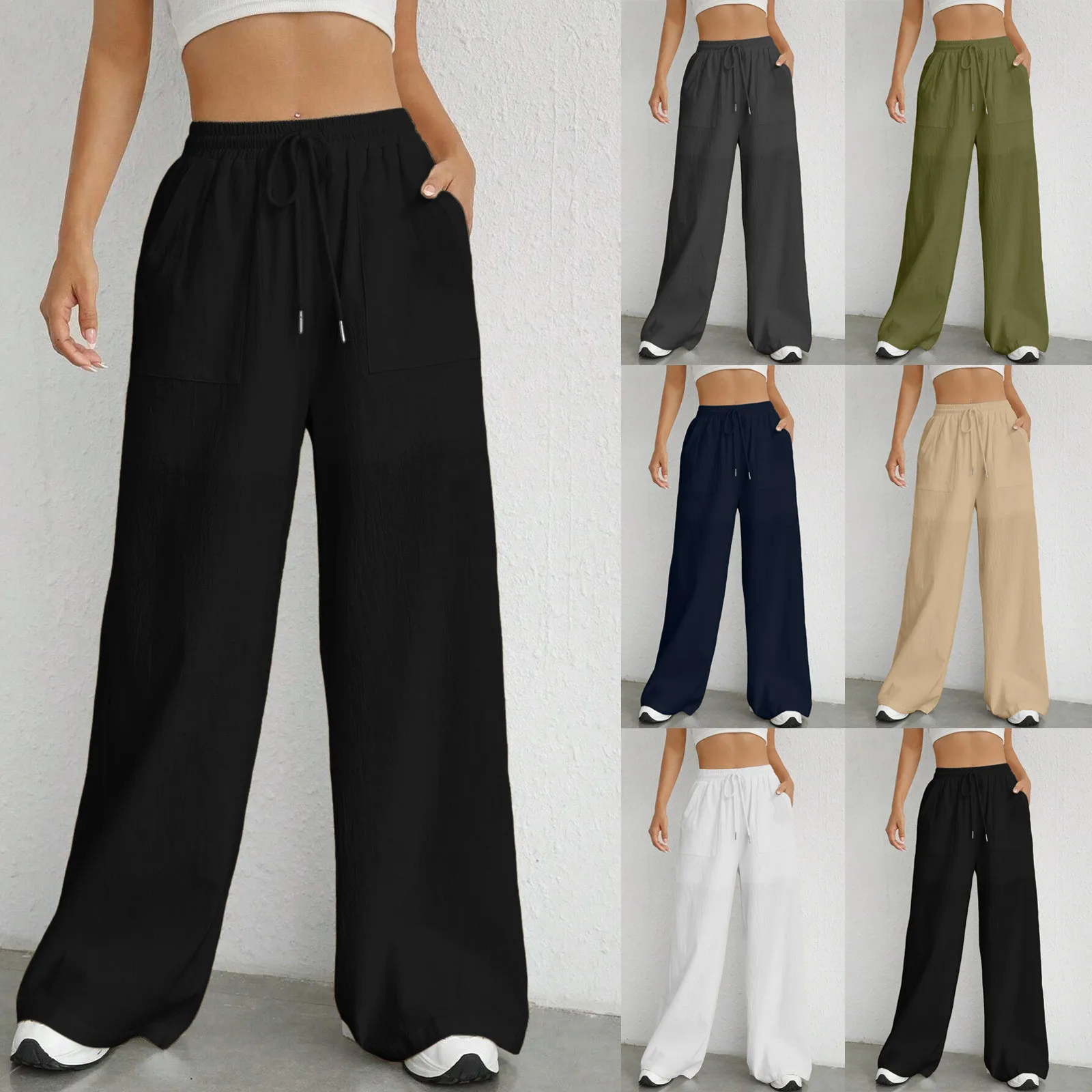 Pantalones de pierna ancha de cintura ajustada de cáñamo de imitación de algodón para mujer, pantalones deportivos casuales sueltos de Color sólido, Pantalones rectos elegantes a la moda