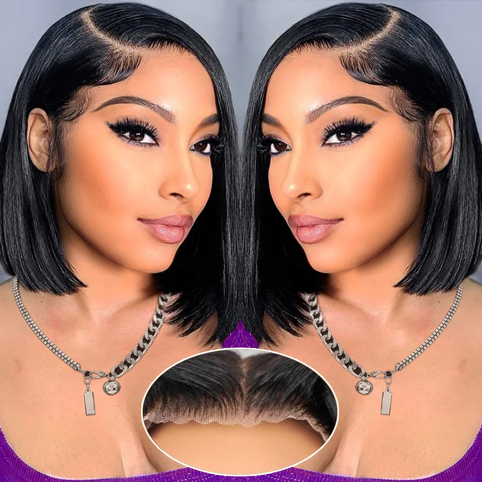 

5X5 Glueless Bob Wig Bone Straight Bob Wig HD Transparent Lace Front Human Hair Wigs 4X4 220% Density Short Straight Bob Wigs