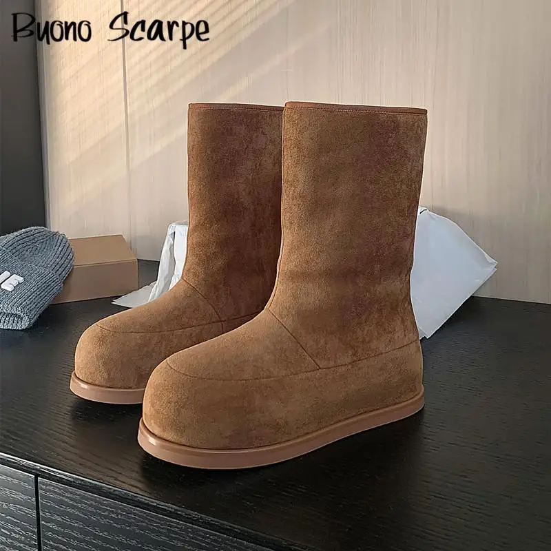 

Fur Suede Leather Round Toe Thick Sole Platform Chunky Heels Women Snow Boots Solid Color Winter Fashion Western Casual Shoes