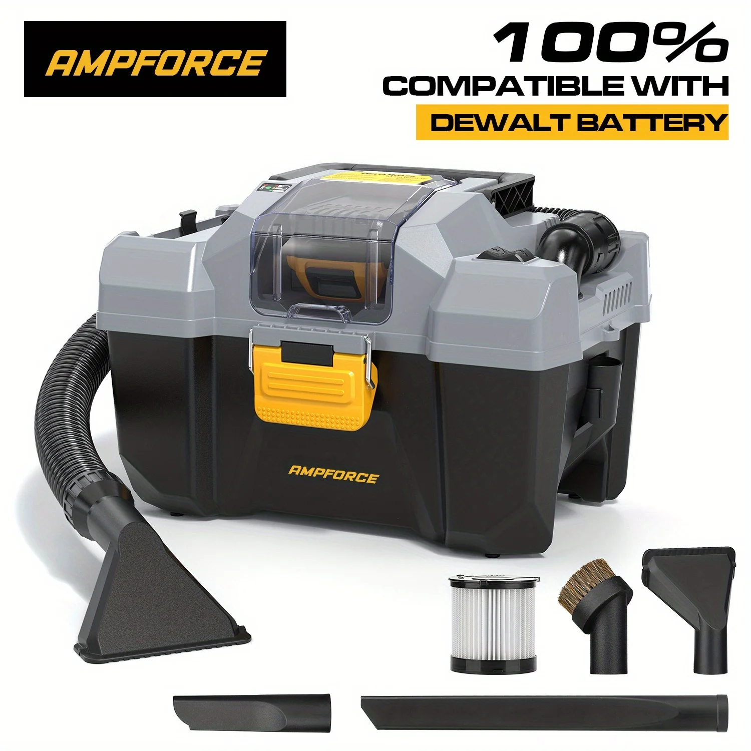 

AMPFORCE 20V Cordless Wet/Dry Vacuum Set, 2 Gallon Capacity, Powerful Suction, Compatible With 20V De-WaIt Batteries (Battery Not Included), With Long Hose, Four Nozzles, A Replacement Cartridge, Ideal For Home, Car And Workshop
