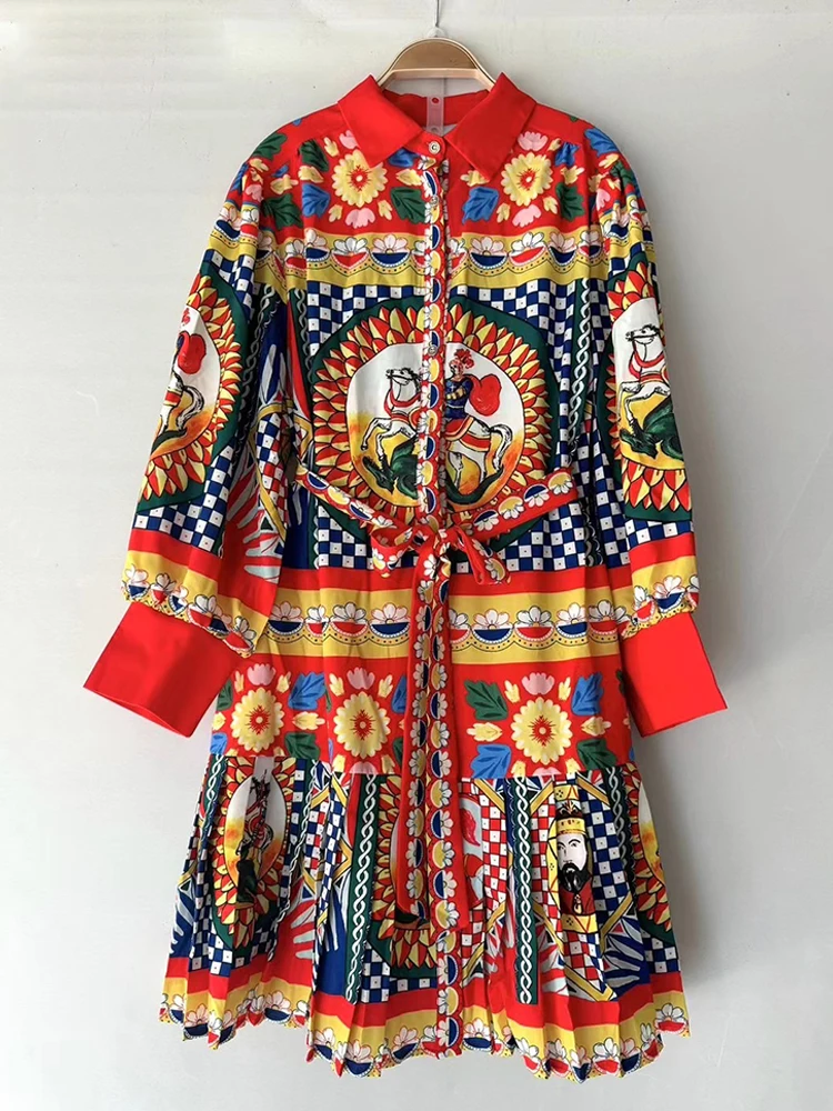 

2025 Spring women's dress Vintage geometric print lapel lace-up waist shirtdress Fashion pleated hem loose pouffant skirt