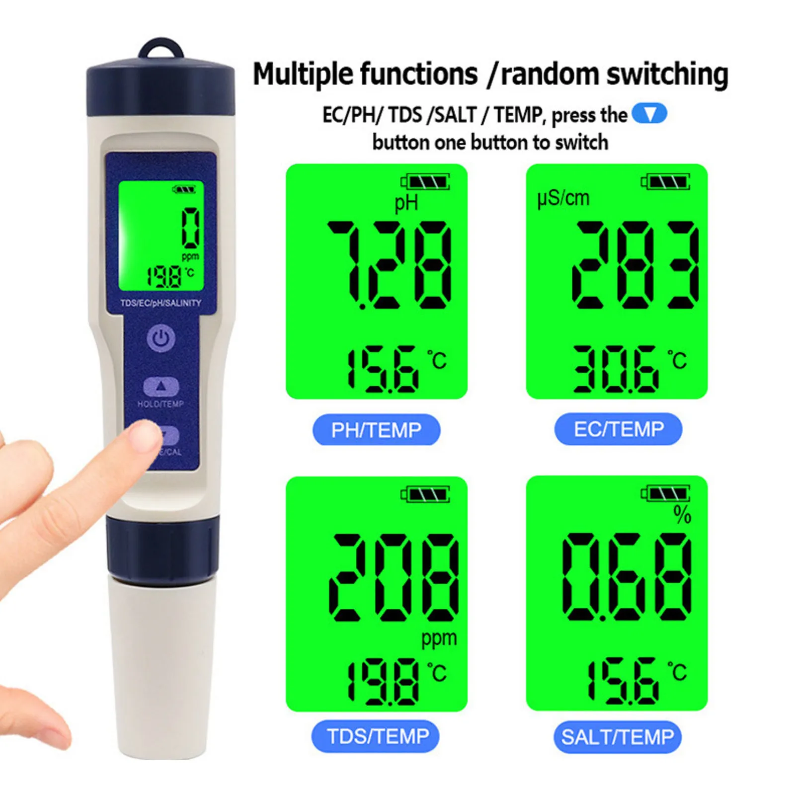 جهاز اختبار درجة الحموضة 5 في 1 درجة الحموضة TDS EC مقياس الملوحة الرقمي مقاوم للماء مع وظيفة المعايرة التلقائية جودة المياه