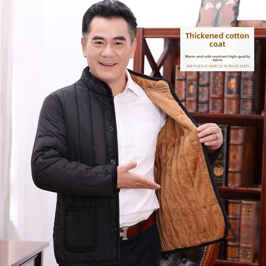 

Men's Winter Thiened Fce Lined Cotton Jaet Mid-aged And ly Sle Autumn Winter Faion Ci Warm Coat Long Sve