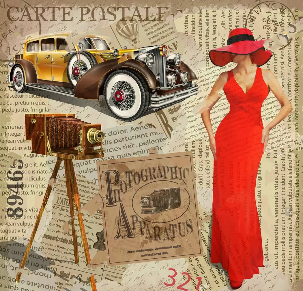 

Vintage Poster Camera Pretty Women Retro Car Torn Newspaper backdrop Vinyl cloth Computer print wall backgrounds