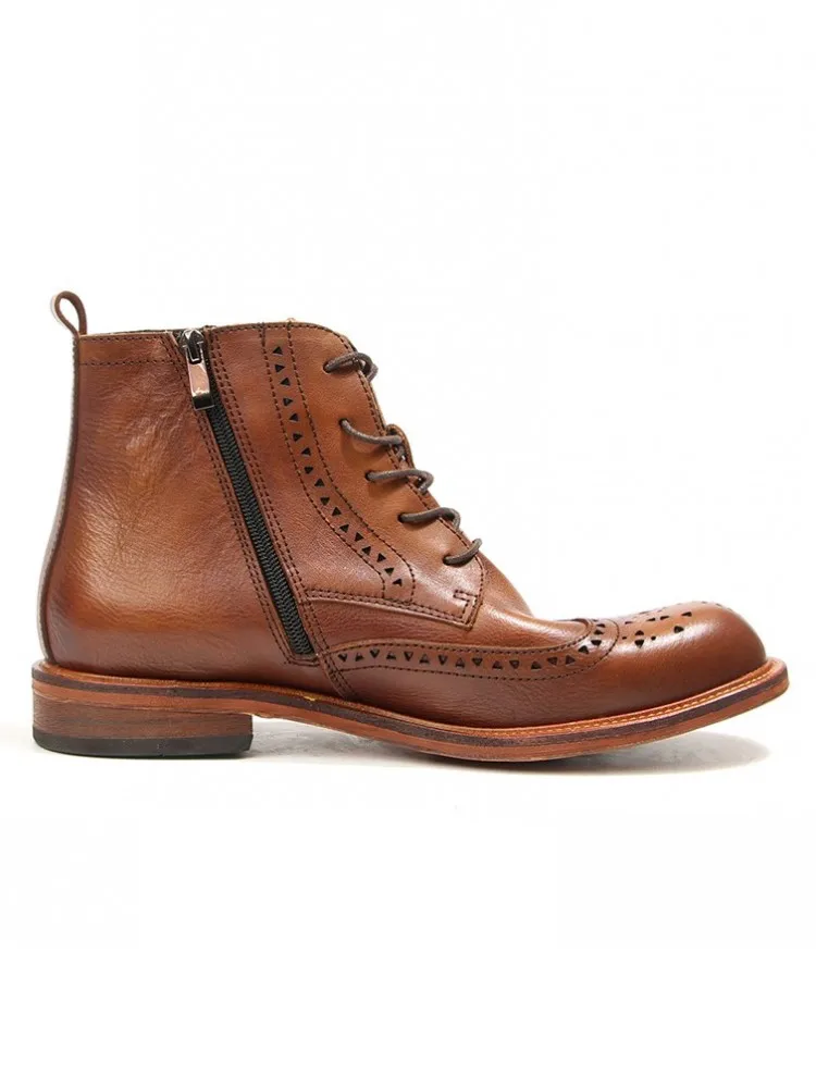 Handmade Vintage Carving High Top Brogue Shoes Mens Genuine Leather Boots Zipper British Style Business Casual Men Short Boots