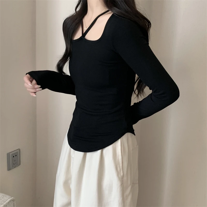 Korean Fashion Y2K T-shirt Woman Long Sleeve Crop Top Women Slim Hollow Out Tee Shirt Femme Solid Clothes Women Tshirt Autumn