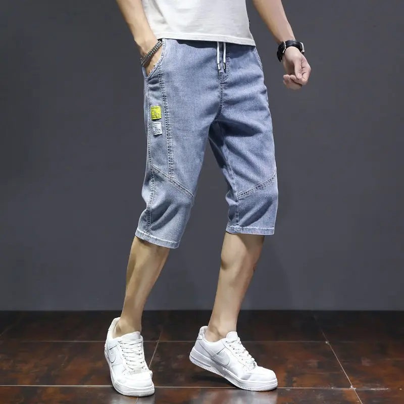 Straight Trousers 2024 Summer New Men's Spliced Elastic Drawstring Letter Pockets Fashion Slim Young Style Trendy Jeans Shorts